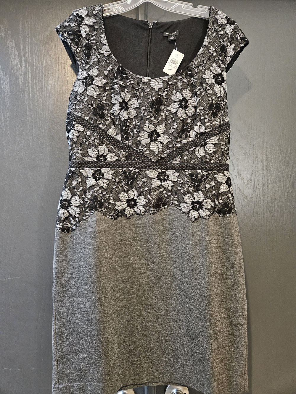 Ann Taylor Grey Sheath Dress with Black Floral Lace Size 8 Petite